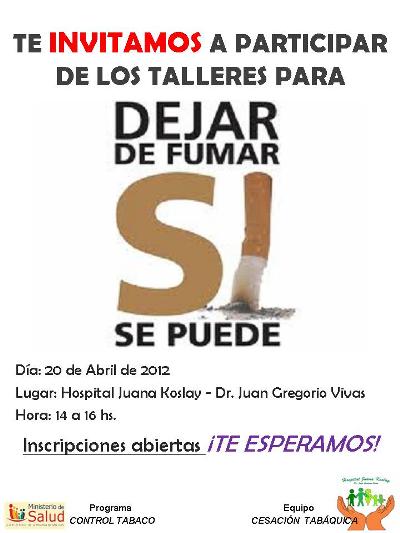 El taller para dejar de fumar se realizará el 20 de abril, en el Hospital de Juana Koslay