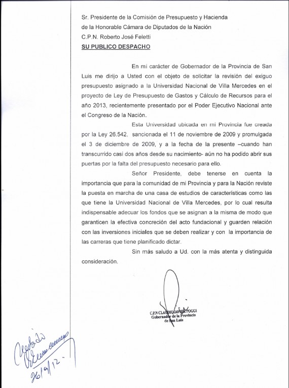 El documento enviado por el gobernador Claudio Poggi dirigido al Ministerio de Educación de la Nación fue recibido y firmado.