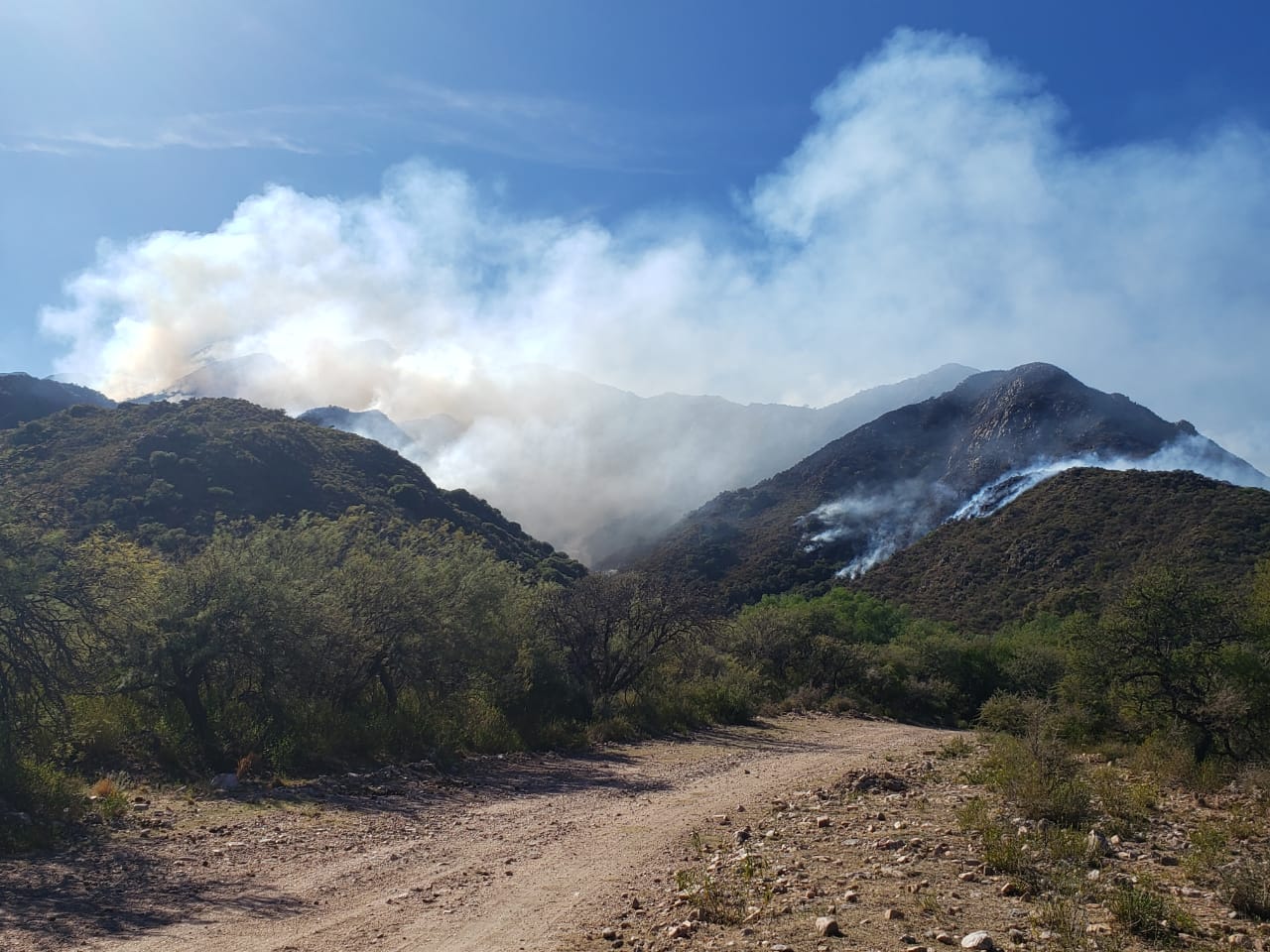 Bomberos y brigadistas trabajan hace casi 30 horas para controlar un incendio en las Sierras Centrales