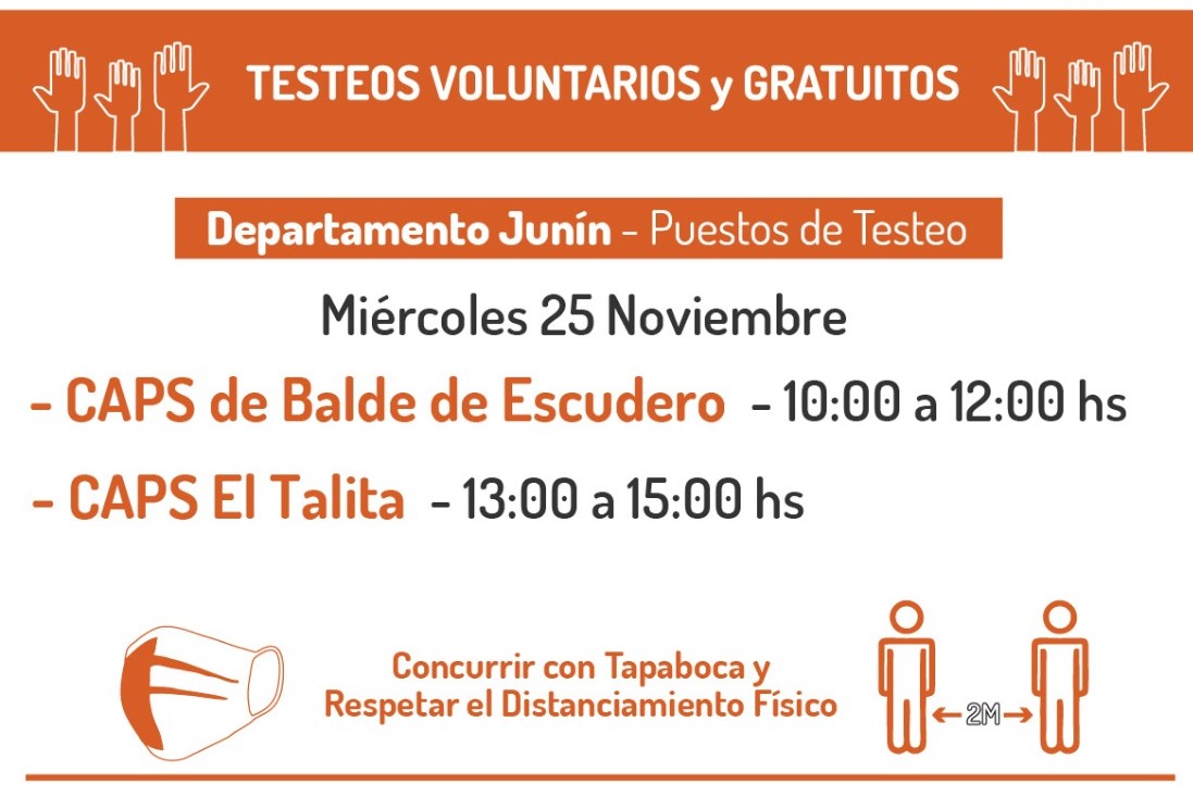 Coronavirus: este miércoles harán testeos en Balde de Escudero y El Talita