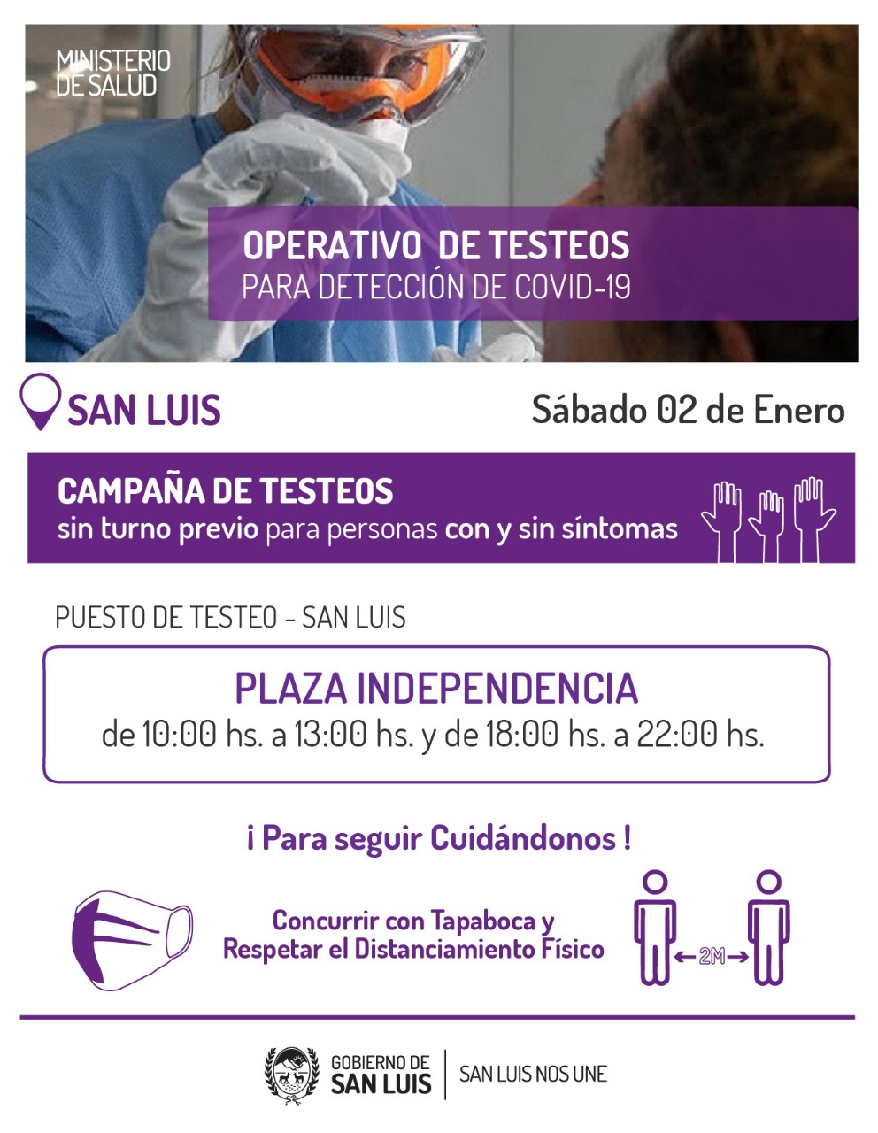El sábado realizarán testeos para detección de COVID-19 en la Plaza Independencia de San Luis