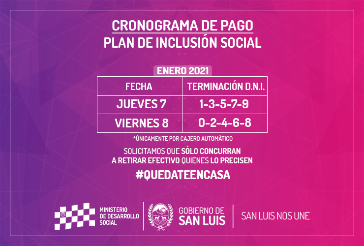 El jueves 7 y el viernes 8 de enero cobran los beneficiarios del Plan de Inclusión Social