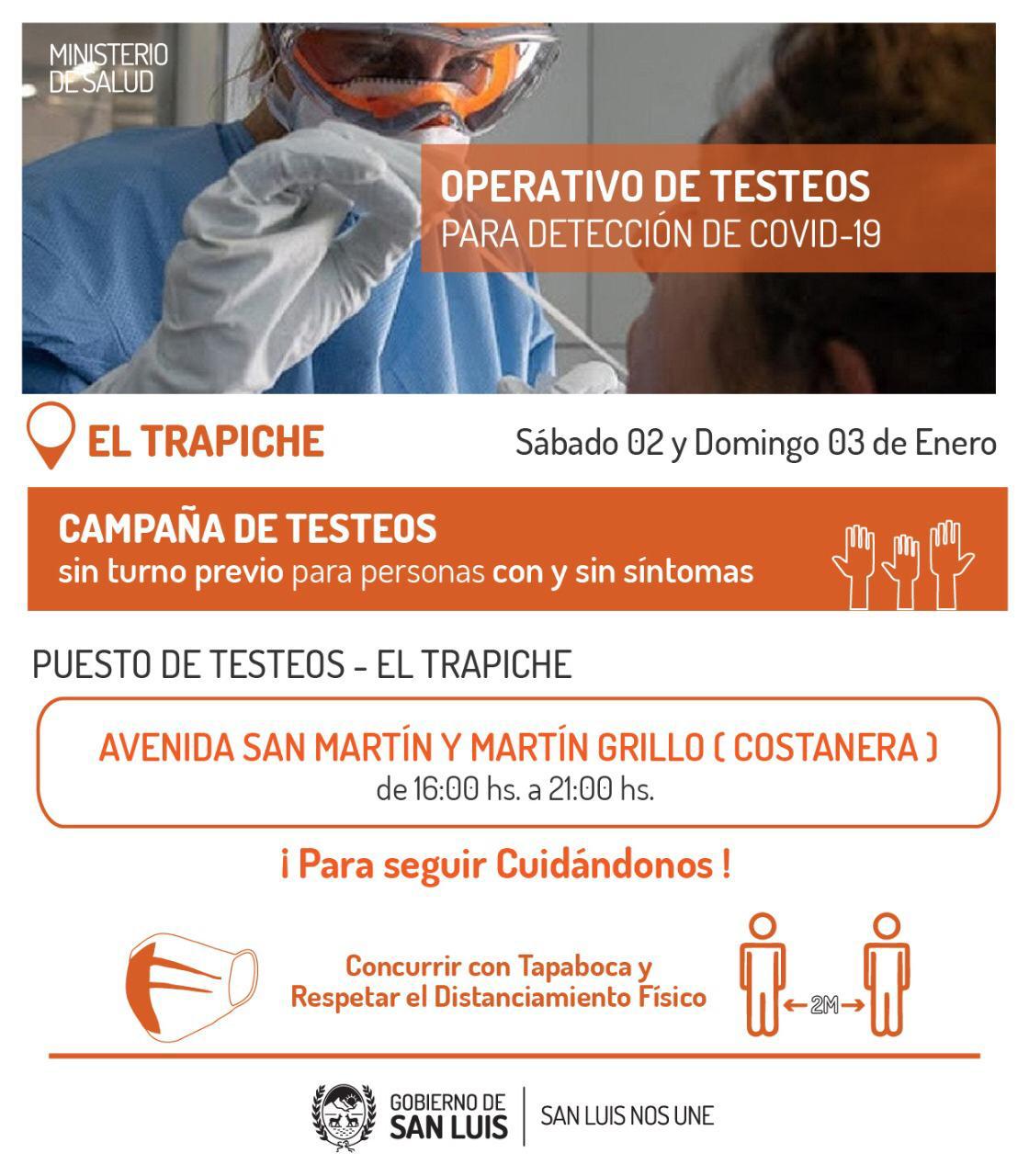 Este sábado y domingo realizarán testeos para detección de COVID-19 en El Trapiche