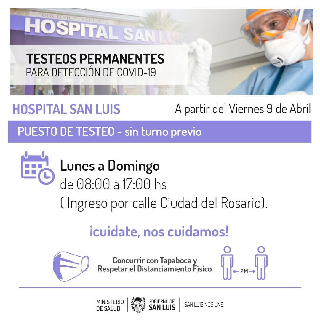 Desde el viernes se amplia el horario de testeos en el Hospital San Luis
