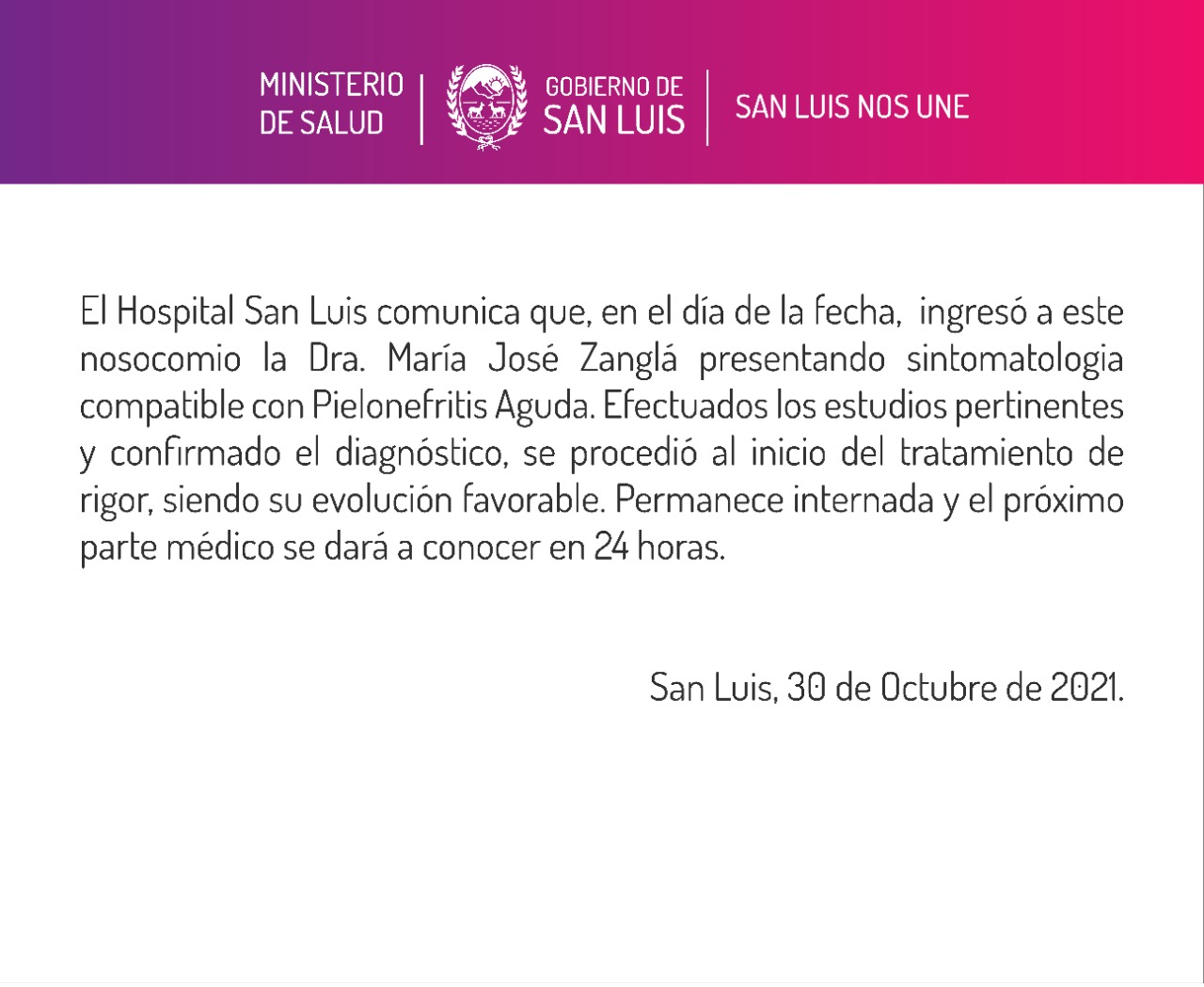 Comunicado Hospital San Luis sobre el estado de salud de la doctora Zanglá