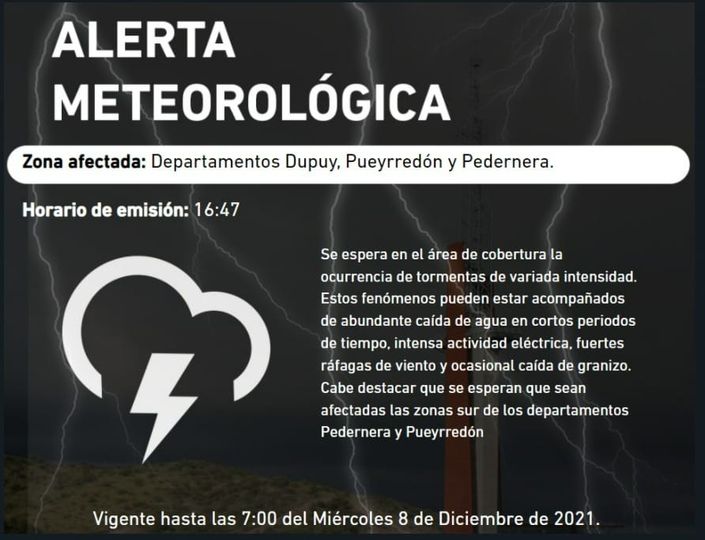 Pronosticaron una alerta meteorológica para los departamentos Dupuy, Pueyrredón y Pedernera
