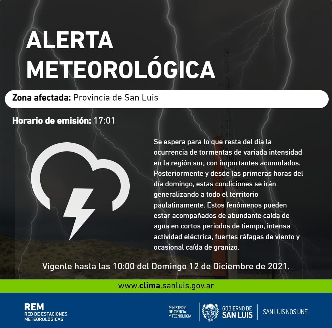 Rige una alerta meteorológica por tormentas para toda la provincia de San Luis