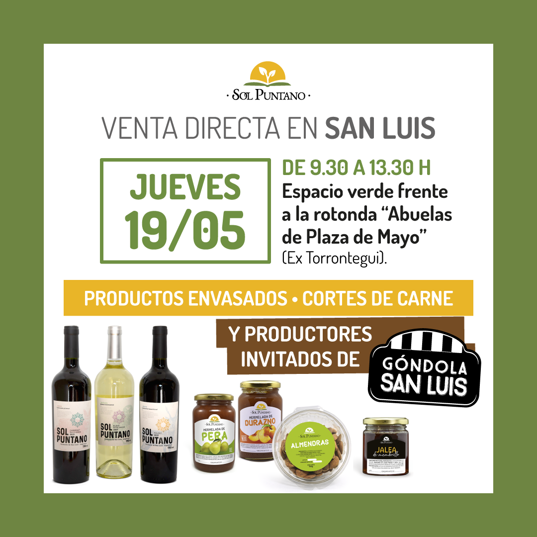 Sol Puntano realizará su venta directa solo este jueves frente a la rotonda “Abuelas de Plaza de Mayo”