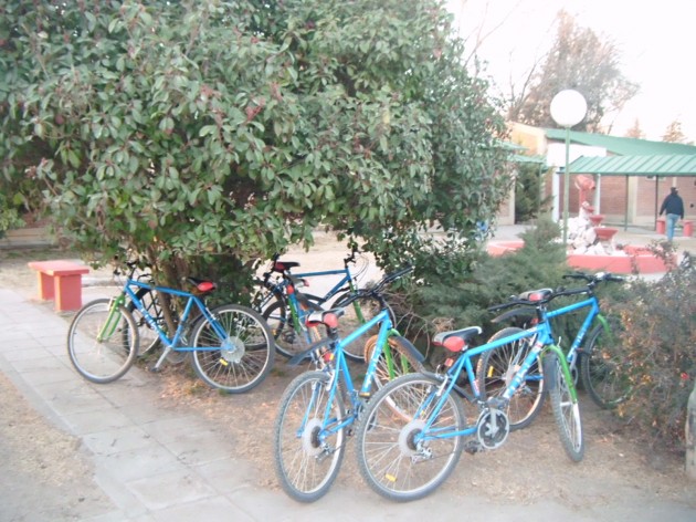 Los chicos llegan a la escuela en bicicleta