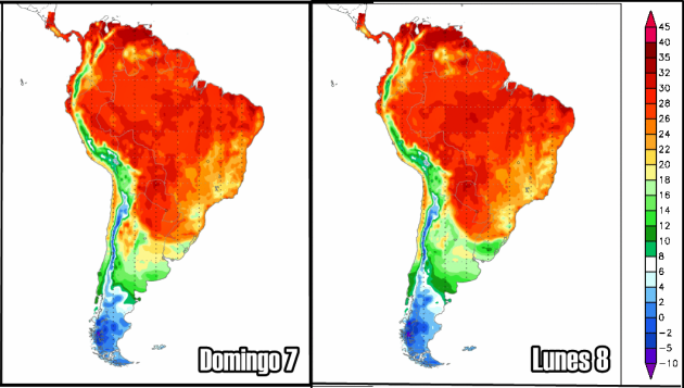 Mapa de temperaturas para el domingo y lunes.