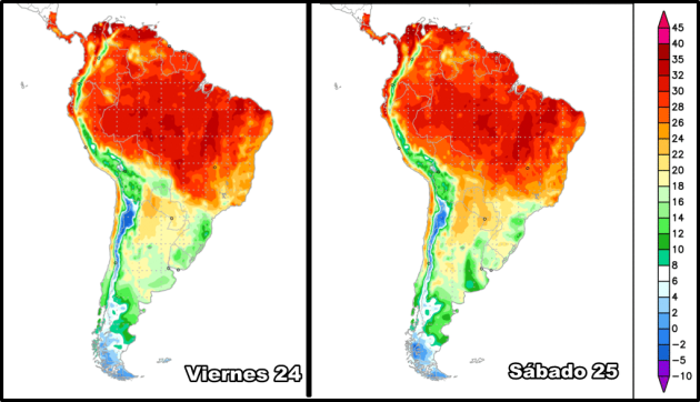 Temperaturas para viernes y sábado. 