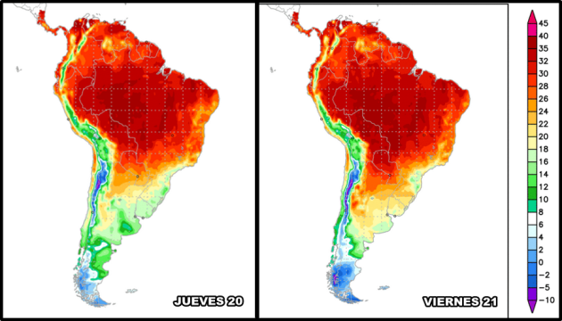 Mapa de temperaturas para el jueves y viernes.