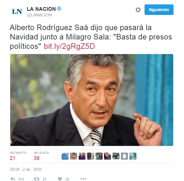 “Basta de presos políticos, voy a pasar Navidad con Milagro Sala”