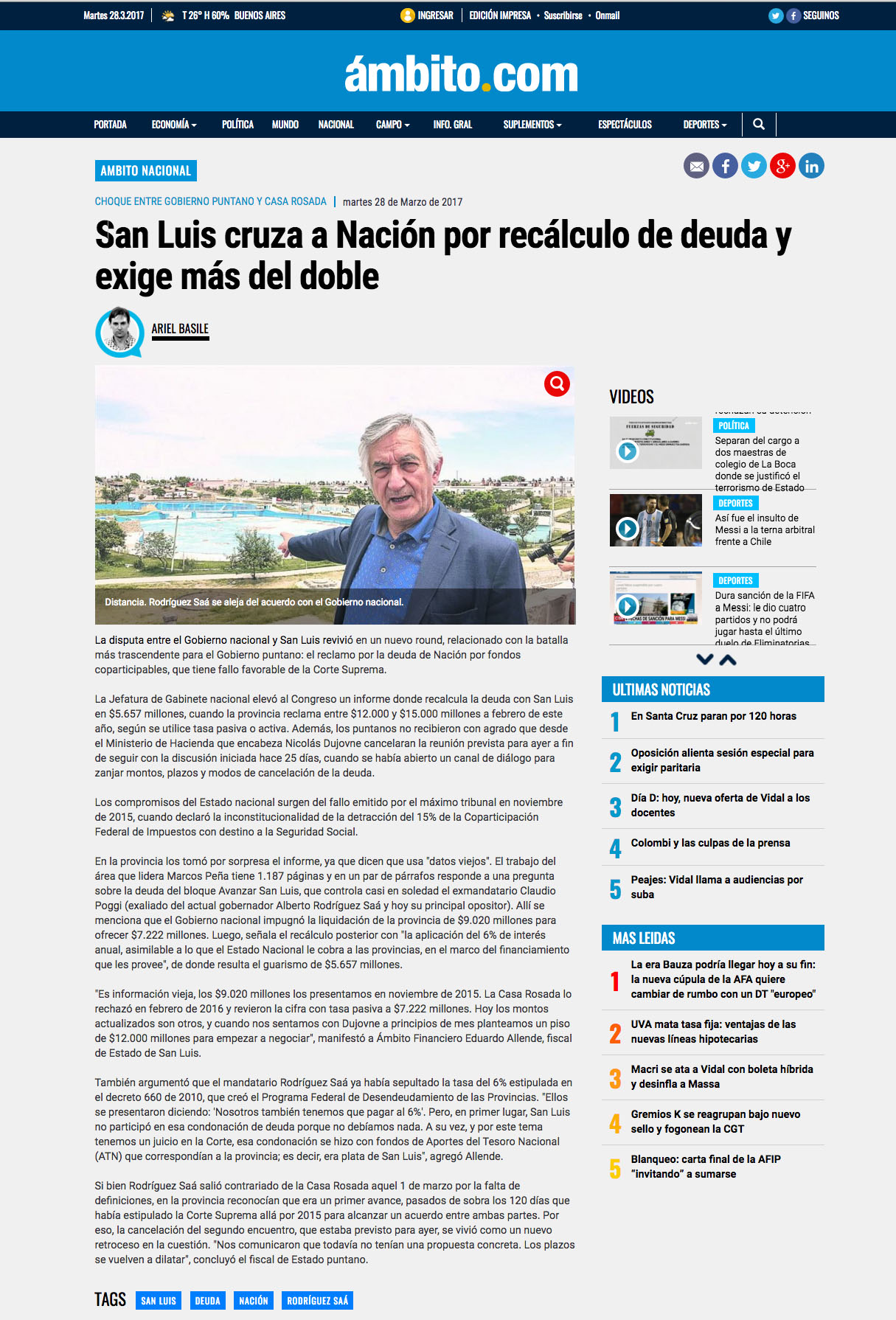 Postura de la Provincia ante la Nación por la deuda impaga a San Luis