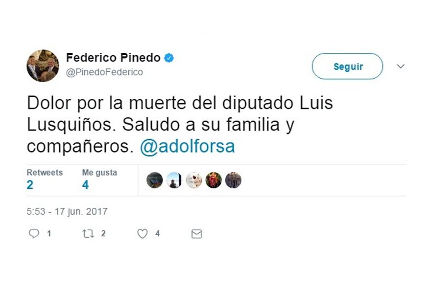 Referentes políticos manifestaron su pesar por la muerte de Luis Lusquiños