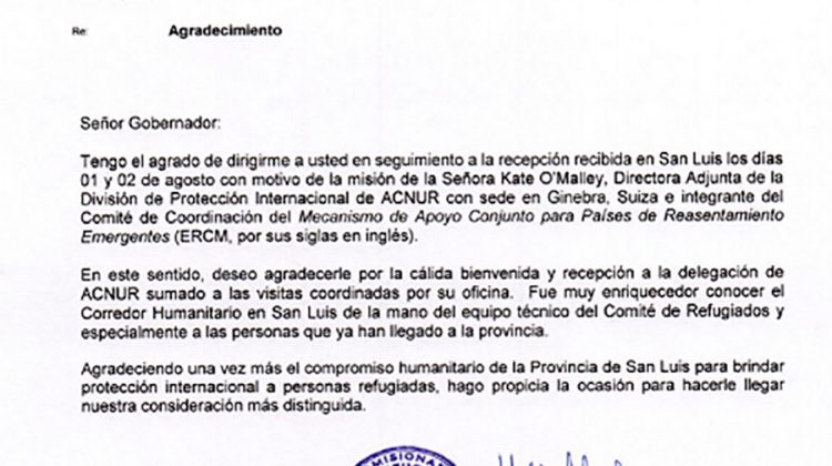 El ACNUR le agradeció a San Luis “el compromiso humanitario” para con los refugiados