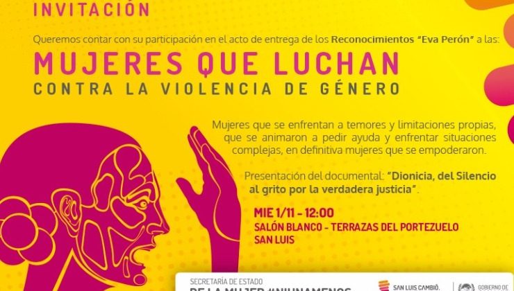 Entregarán los Reconocimientos “Eva Perón” a las mujeres que luchan contra la violencia de género