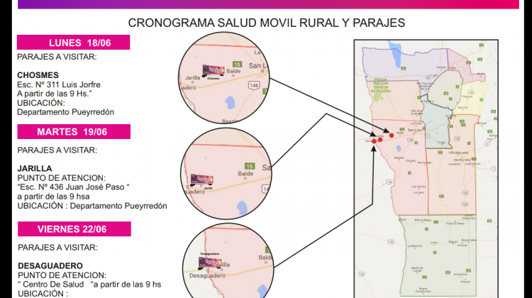 Equipo de Salud Rural estará en Chosmes, Jarilla y Desaguadero