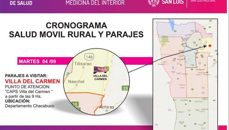 El equipo móvil de Salud Rural y Parajes viajará a Villa del Carmen