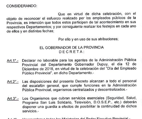 Los empleados públicos del departamento Gobernador Dupuy no trabajarán este miércoles