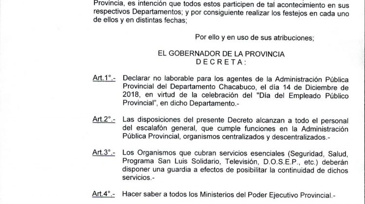 Los empleados públicos del departamento Chacabuco no trabajarán este viernes