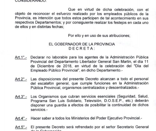 Este martes será día no laborable para la administración pública del departamento San Martín