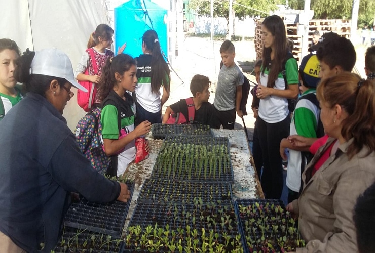 Alumnos de la Escuela Generativa de Estudiantes aprendiendo sobre la producción de plantines.