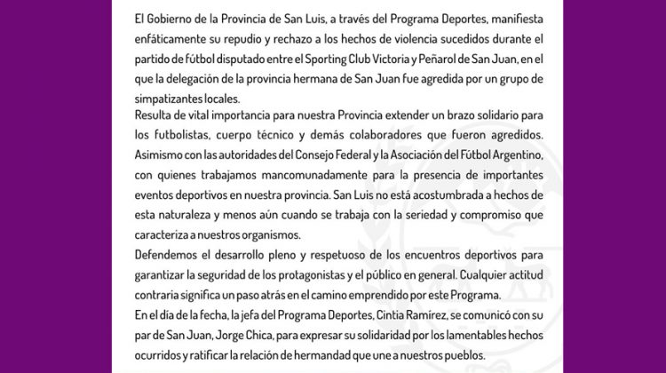 El Gobierno de la Provincia repudió y rechazó los hechos violentos en el partido entre Victoria y Peñarol de San Juan