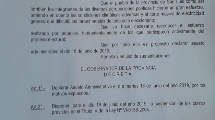 Decretaron asueto para este martes 18 de junio para la administración pública provincial