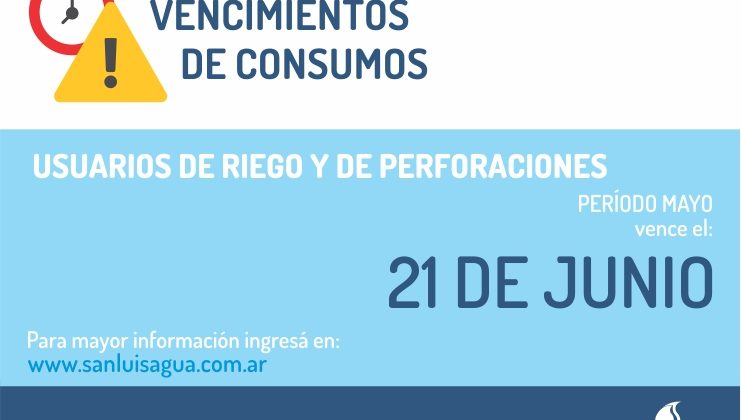 Este viernes 21 rigen vencimientos para usuarios de riego y de perforaciones