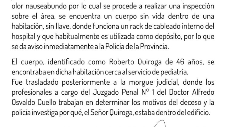 Comunicado del Ministerio de Salud por el hallazgo de un hombre muerto en el Hospital de Villa Mercedes