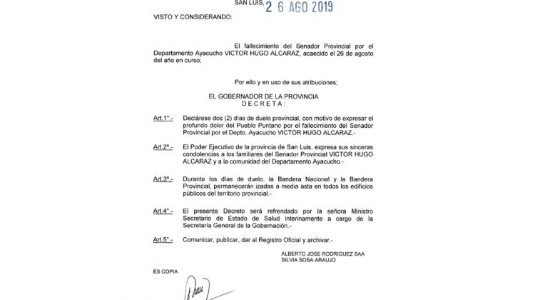 El gobernador decretó dos días de duelo por la muerte del senador Víctor Hugo Alcaraz