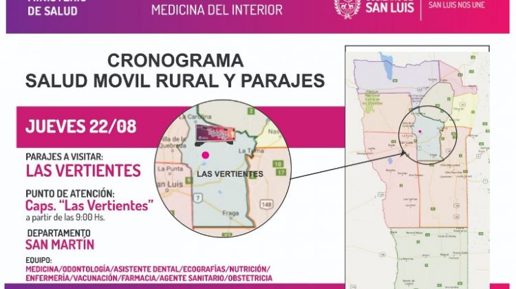 Salud Rural recorrerá Las Vertientes y Planta de Sandía