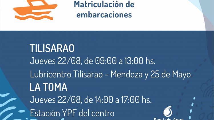 Matriculación de embarcaciones en La Toma y Tilisarao