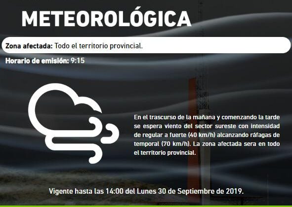 Alertan por fuertes ráfagas en todo el territorio provincial