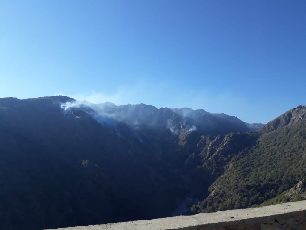 Bomberos combaten un incendio forestal en las Sierras de San Luis.