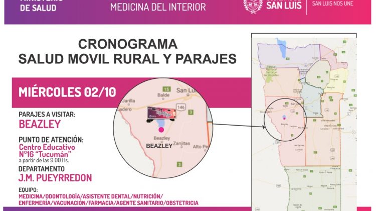 El equipo de Salud Móvil Rural llega a Beazley y Santa Rosa del Conlara