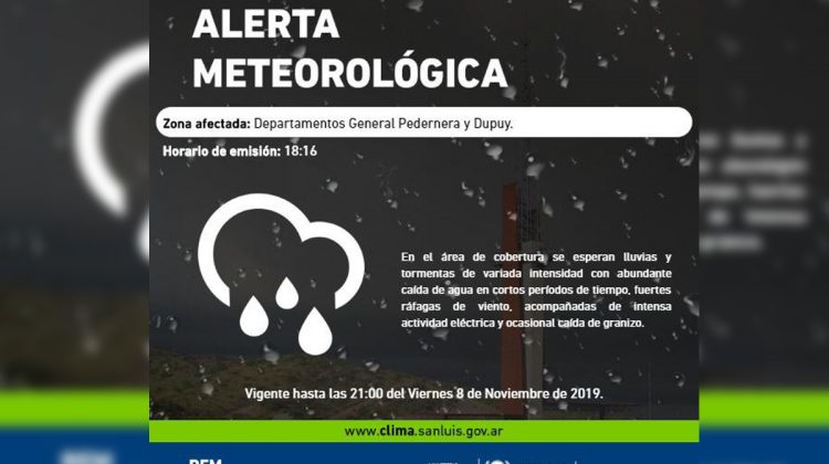 Anuncian lluvias y granizo para los departamentos Pedernera y Dupuy