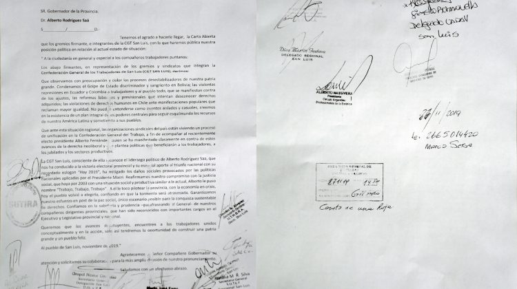 Pronunciamiento de apoyo de la CGT San Luis al gobierno de Alberto Rodríguez Saá