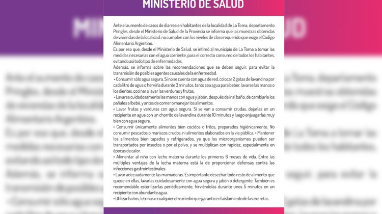 Recomendaciones ante el aumento de casos de diarreas en La Toma