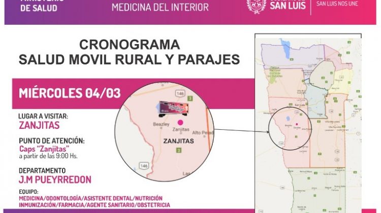 Salud Rural recorrerá Zanjitas, Varela y Cazador