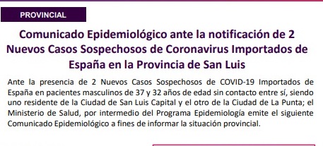 Coronavirus: reportan 2 nuevos casos sospechosos importados