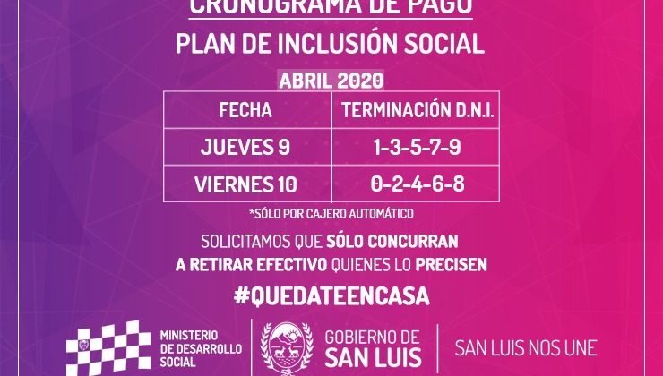 Jueves 9 y viernes 10 de abril cobran los beneficiarios del Plan de Inclusión Social