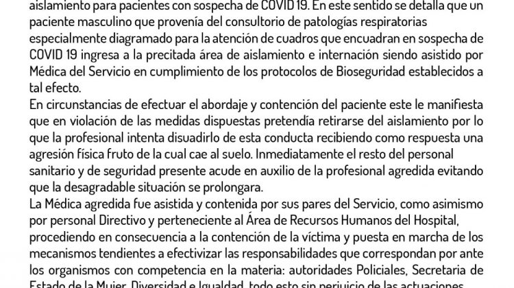 Comunicado ante un hecho de violencia sufrido por una médica en el Hospital San Luis