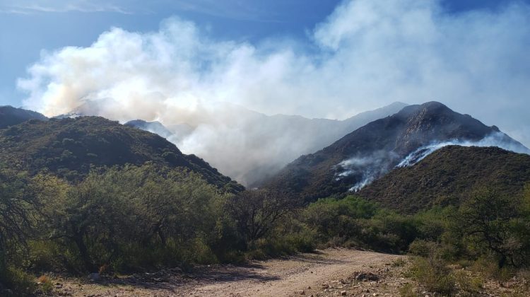 Bomberos y brigadistas trabajan hace casi 30 horas para controlar un incendio en las Sierras Centrales