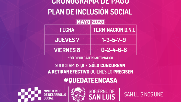 El jueves 7 y el viernes 8 de mayo cobran los beneficiarios del Plan de Inclusión Social