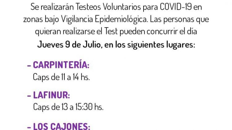 Hoy siguen los testeos voluntarios en zonas bajo vigilancia epidemiológica