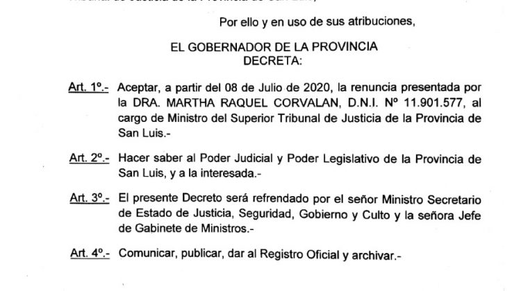 El gobernador aceptó las renuncias de Corvalán y Cobo al Superior Tribunal de Justicia