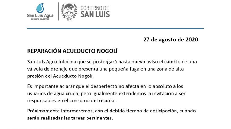 Postergan una reparación en el Acueducto Nogolí