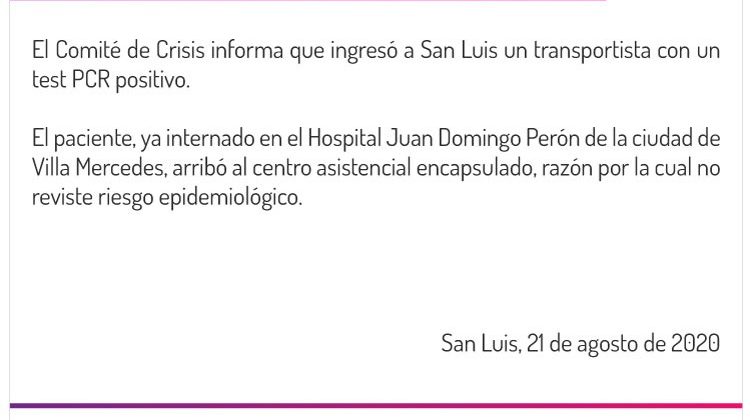 El Comité de Crisis comunicó que se registró un nuevo caso positivo para coronavirus